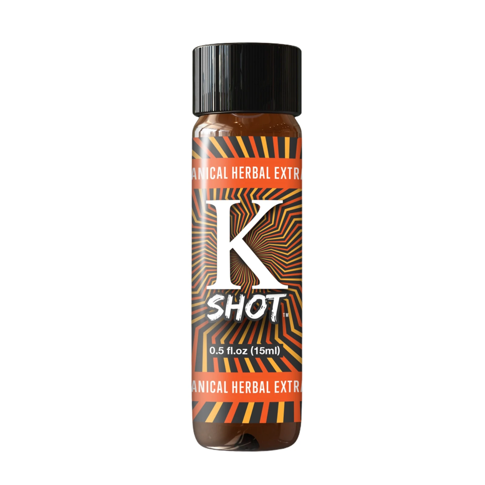 Kratomite K Shot 15ml bottle featuring brown liquid extract in clear glass container with black cap, displaying psychedelic orange and brown swirl pattern label with large K logo and Botanical Herbal Extract text