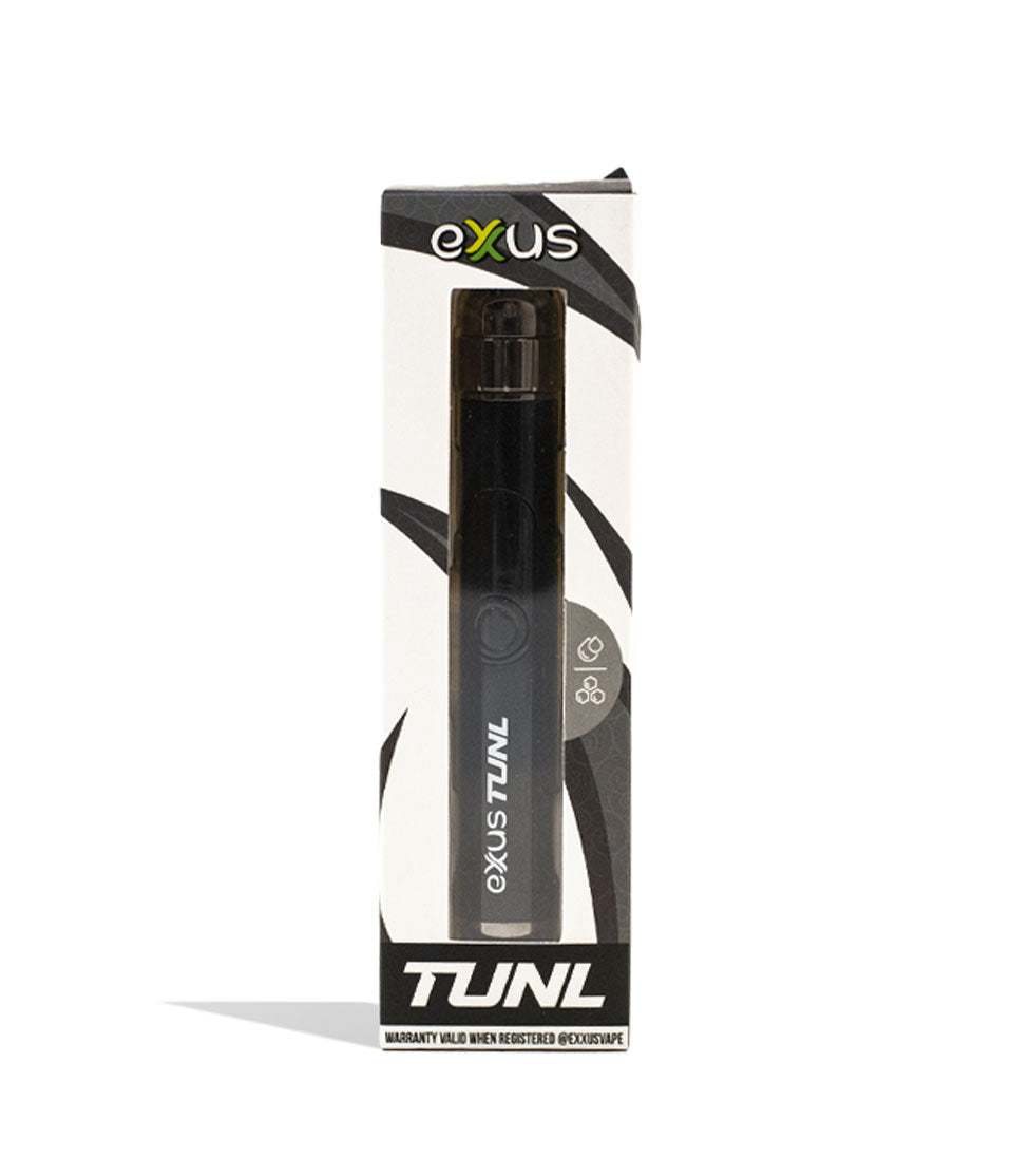 EXXUS VAPE Tunl Cartridge Vaporizer in sleek black design, displayed in retail packaging featuring white and black diagonal stripes. Compact 510-thread device shown in product box with brand logo and warranty information.