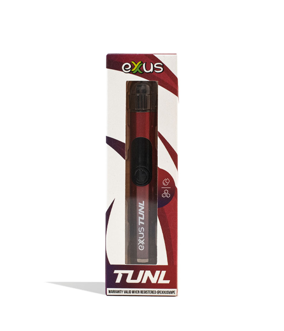 EXXUS VAPE Tunl Cartridge Vaporizer in retail packaging featuring a sleek black and red design, showing the compact vaporizer device with voltage control button and 510-thread compatibility, displayed against a white box with burgundy accents and EXXUS branding