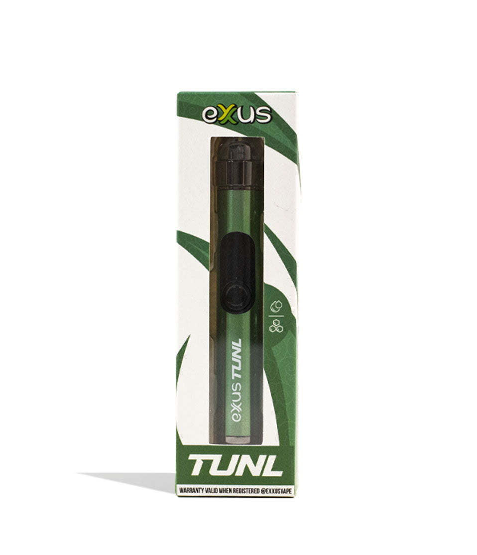 EXXUS VAPE Tunl Cartridge Vaporizer shown in retail packaging with green diagonal design elements, featuring a sleek black and green pen-style device with adjustable voltage control and 510-thread compatibility displayed in clear product window