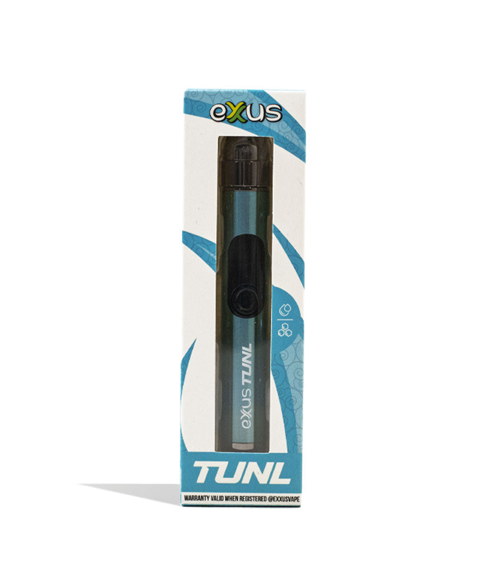 EXXUS VAPE Tunl Cartridge Vaporizer in retail packaging featuring a sleek black device with adjustable voltage control and 510-thread compatibility, displayed against a white box with blue accent stripes and Exxus branding