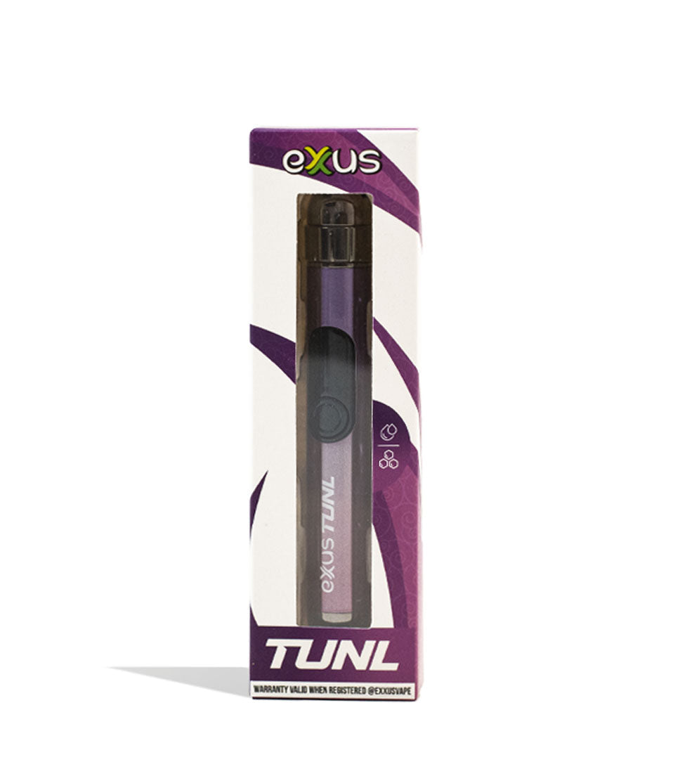 EXXUS VAPE Tunl Cartridge Vaporizer in retail packaging featuring sleek black device with purple accents, displayed in white box with purple diagonal design elements and Exxus branding, showing portable 510-thread compatible vape pen