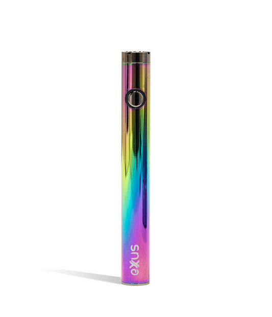 EXXUS Vape Slim VV 2.0 Cartridge Vaporizer featuring a sleek cylindrical design with iridescent rainbow finish, showcasing vibrant metallic colors from pink to blue. The slim pen-style device displays the EXXUS branding and includes a power button with metallic accents.