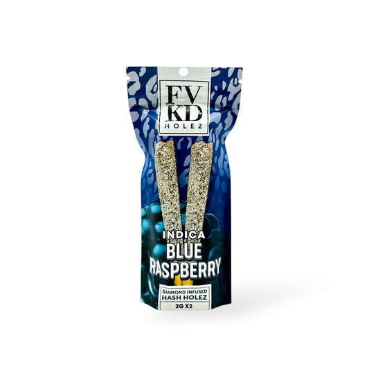 FVKD Diamond Infused Hash Holez 2g x 2ct package featuring two pre-rolls with crystalline coating against a blue gradient background with raspberry design elements. Product package displays Indica Blue Raspberry branding in white text on dark packaging.