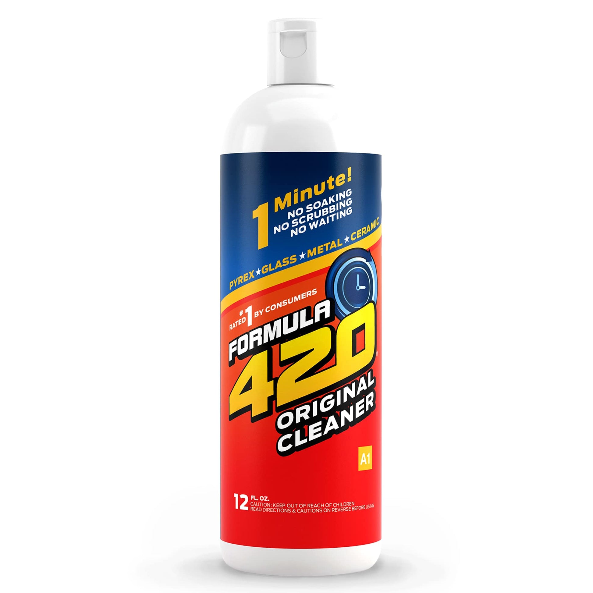 Formula 420 Cleaner 12Oz bottle featuring red and blue design with yellow text, showing fast-acting glass and metal cleaning solution for removing resin and tar. White plastic container with professional product labeling and 1-minute cleaning time promise.