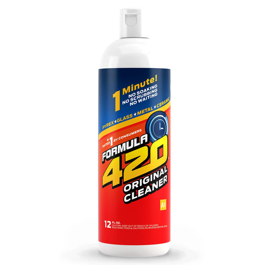 Formula 420 Cleaner 12Oz bottle featuring red and blue design with yellow text, showing fast-acting glass and metal cleaning solution for removing resin and tar. White plastic container with professional product labeling and 1-minute cleaning time promise.