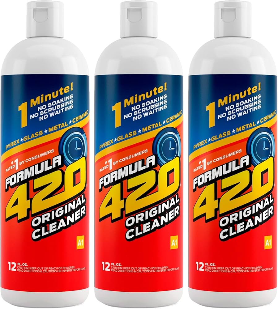 Three white bottles of Formula 420 Original Cleaner, 12oz size, featuring blue and red gradient design with yellow text. Fast-acting cleaning solution for glass, metal, and ceramic surfaces, promising 1-minute cleaning with no soaking required.