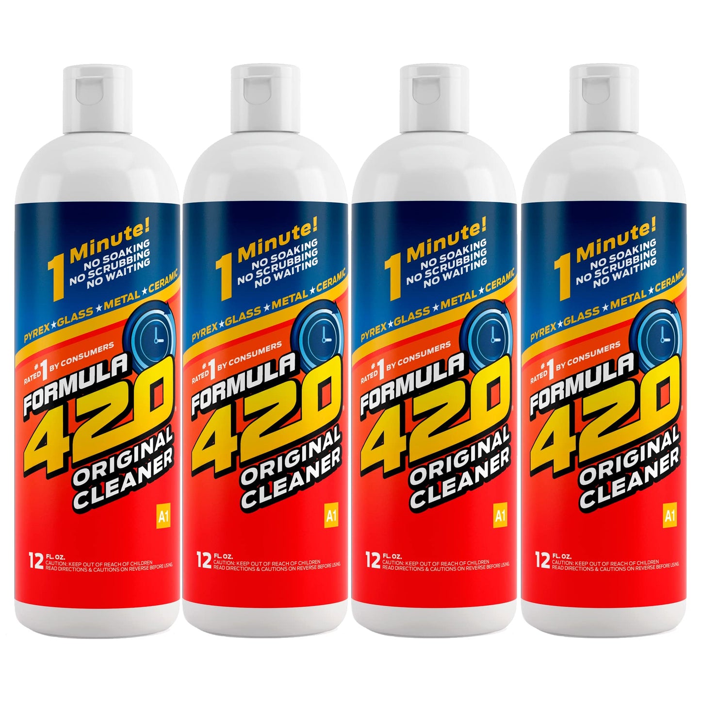 Four white bottles of Formula 420 Original Cleaner 12oz displayed in a row, featuring blue and red labels with yellow "1 Minute" text. Each bottle shows the same product design for glass and metal cleaning solution.