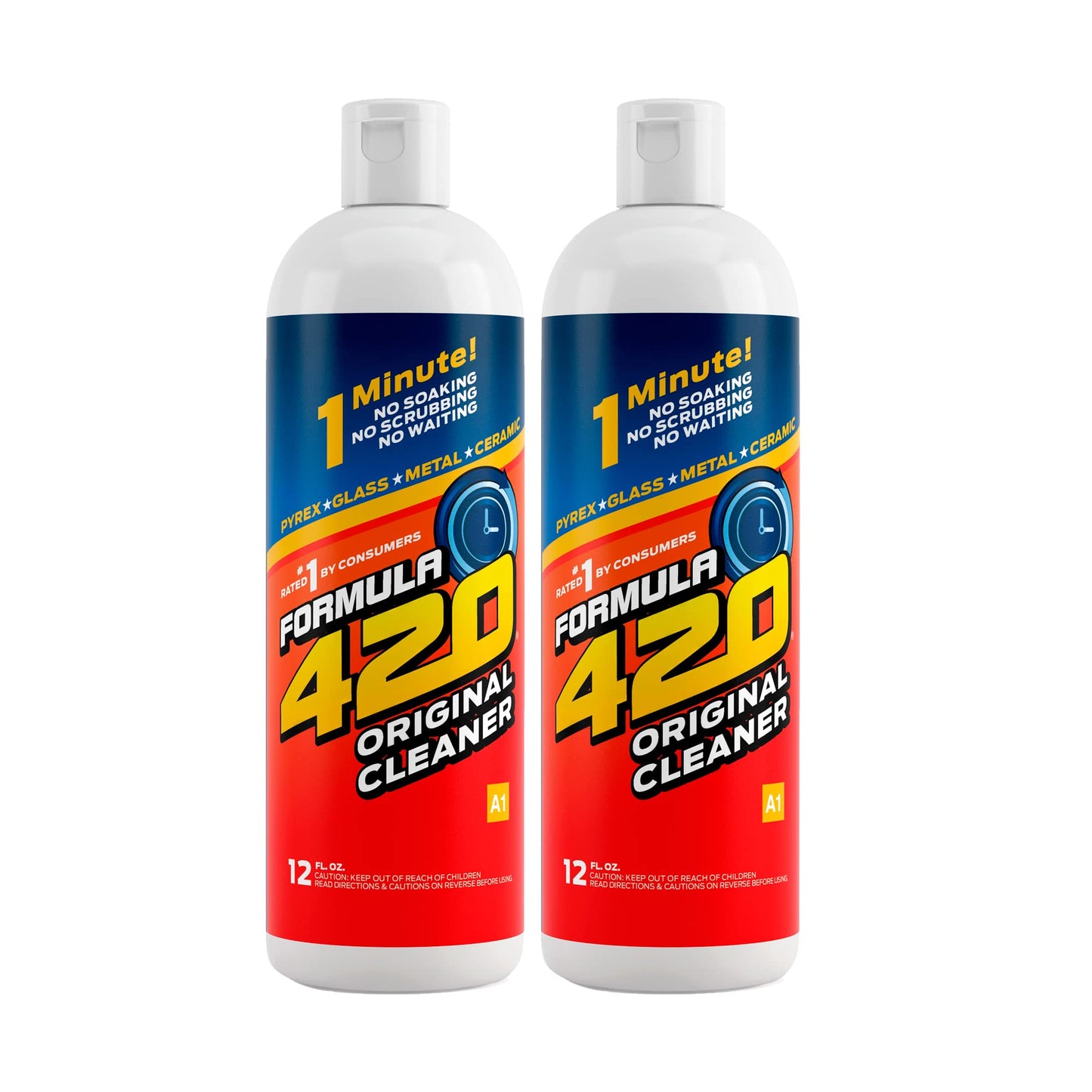 Two bottles of Formula 420 Original Cleaner 12oz with blue and red gradient design, featuring 1-minute cleaning claim and text indicating use for glass and metal surfaces, shown against white background